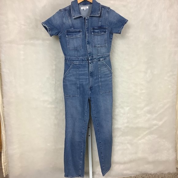 Good American Pants - Good American Blue Denim Short Sleeve Zip Front Utility Jumpsuit